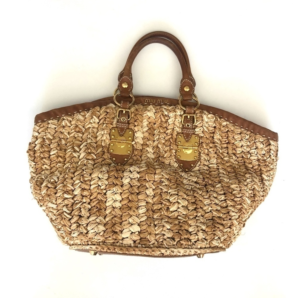 Miu Miu Raffia Leather Gold Silverwear Large Bag